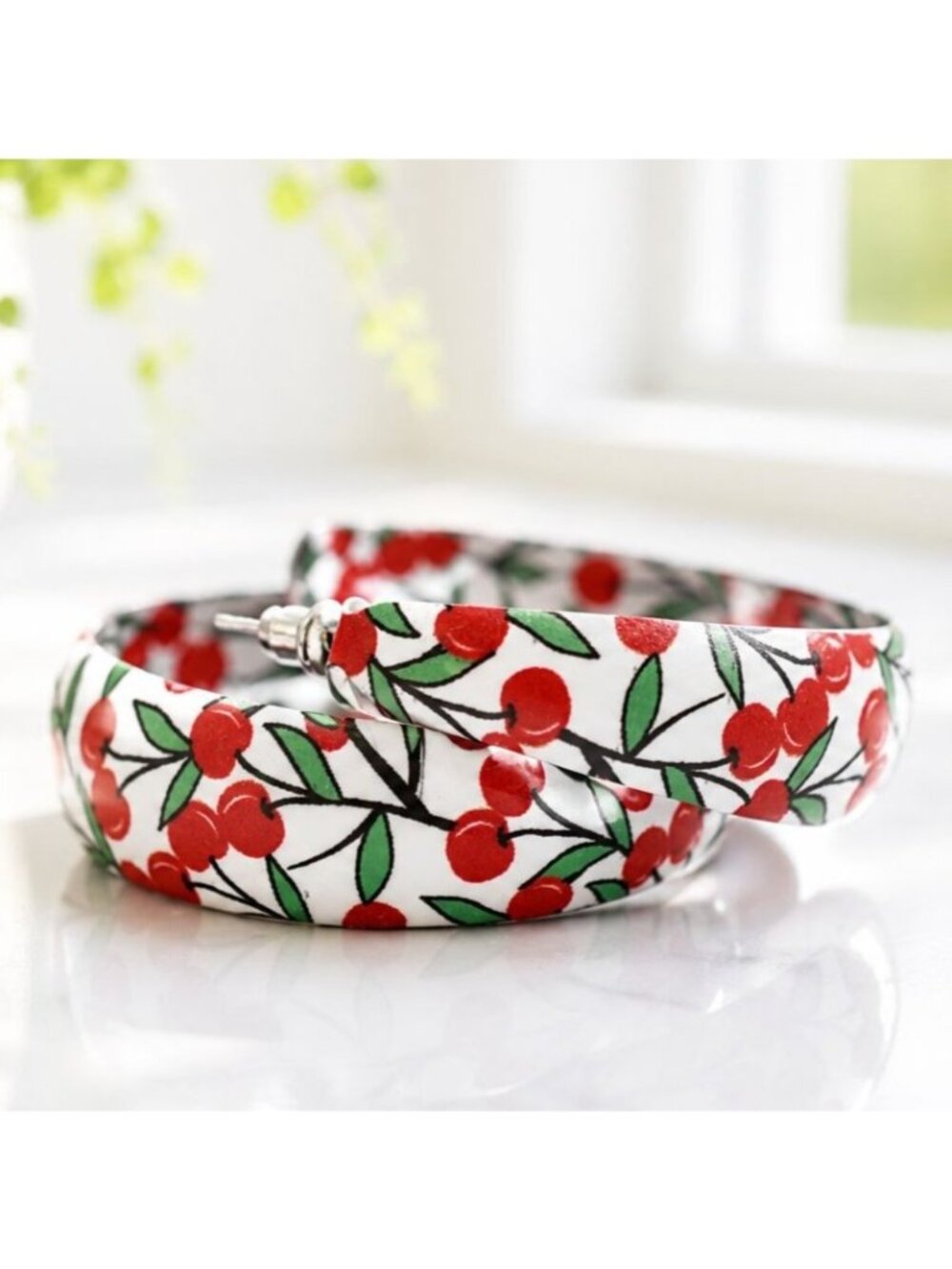 Vintage Cherry-Themed Hoop Earrings With Retro Floral Design White Background Vi